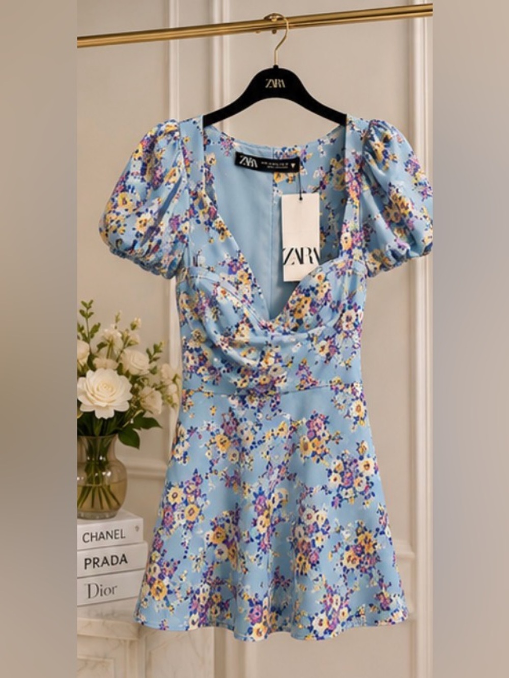 ZARA Blue Floral Puff Sleeve Mini Dress – Size Small – New With Tags